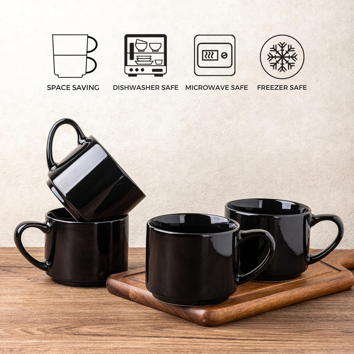 GBHOME 14 OZ Coffee Mugs Set of 6, Stackable Ceramic Mugs for Men, Women, Modern Coffee Cups for Latte,Tea, Cappuccino. Dishwasher & Microwave Safe, Black