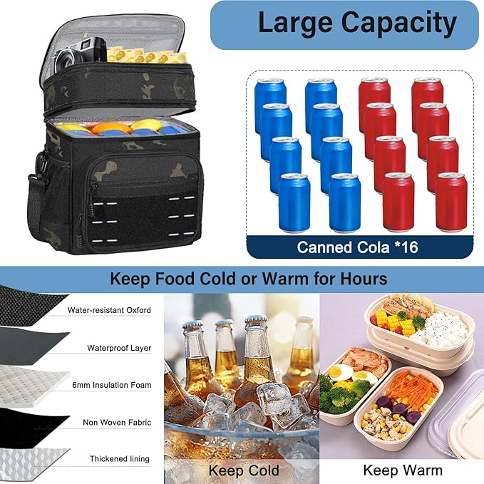 Lunch Box Cooler Bag - Insulated Tactical Lunchbox for Men - Large Lunch Pail or Adults Work Outdoor Shifts Trips Black Camo 16L