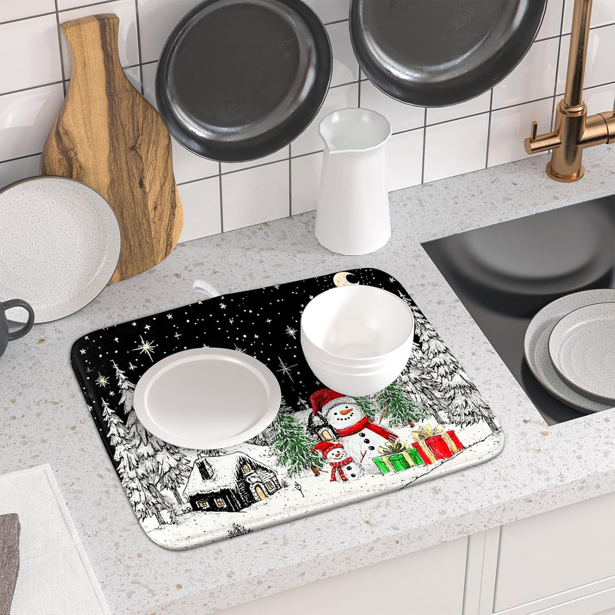 Winter Snowman Dish Drying Mat 18 X 16 in Black Microfiber Dish Pad Absorbent Holiday Kitchen Accessories