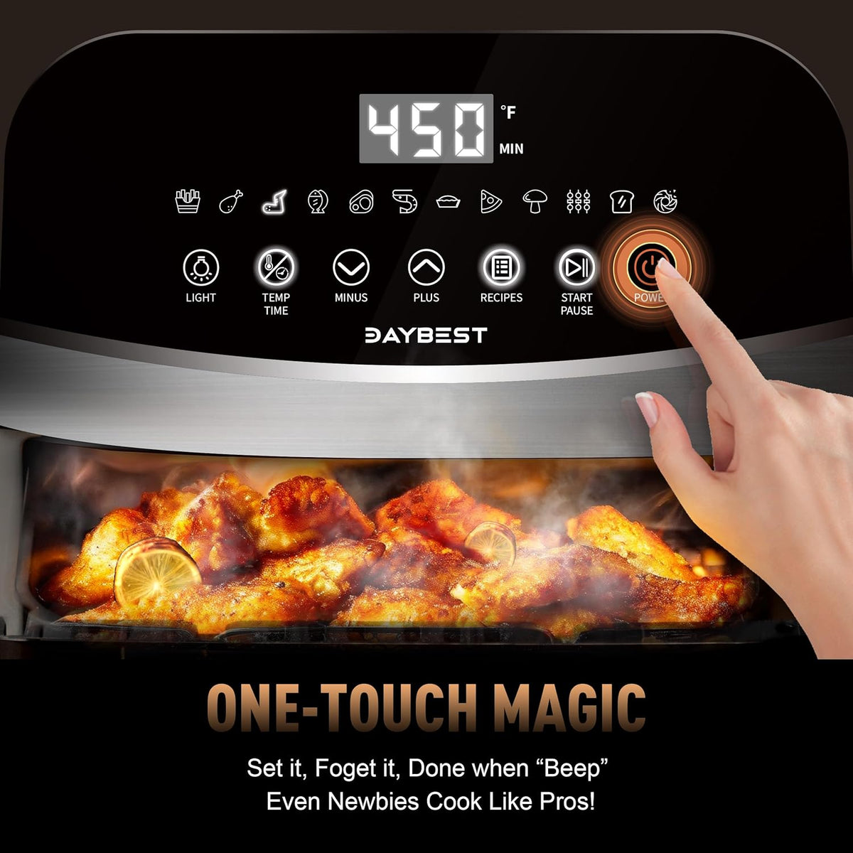 Stainless Steel Air Fryer Ceramic Coat Basket Non Toxic Metal Cavity 6 QT Compact for 2-3 PAX, DAYBEST Dual Heats Airfryer 450°F 12 in 1, Dishwasher Safed Pot, Plate, Rack & Liner (Stainless Steel)