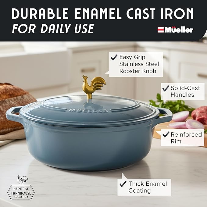 MUELLER HOME 5.5 Quart Enameled Cast Iron Oval Dutch Oven w Rooster Knob & Cotton Potholders, Heavy-Duty Cookware, Oven-Safe up to 500° F & Across All Cooktops, Gifts for Grandma & Women, Mineral Blue