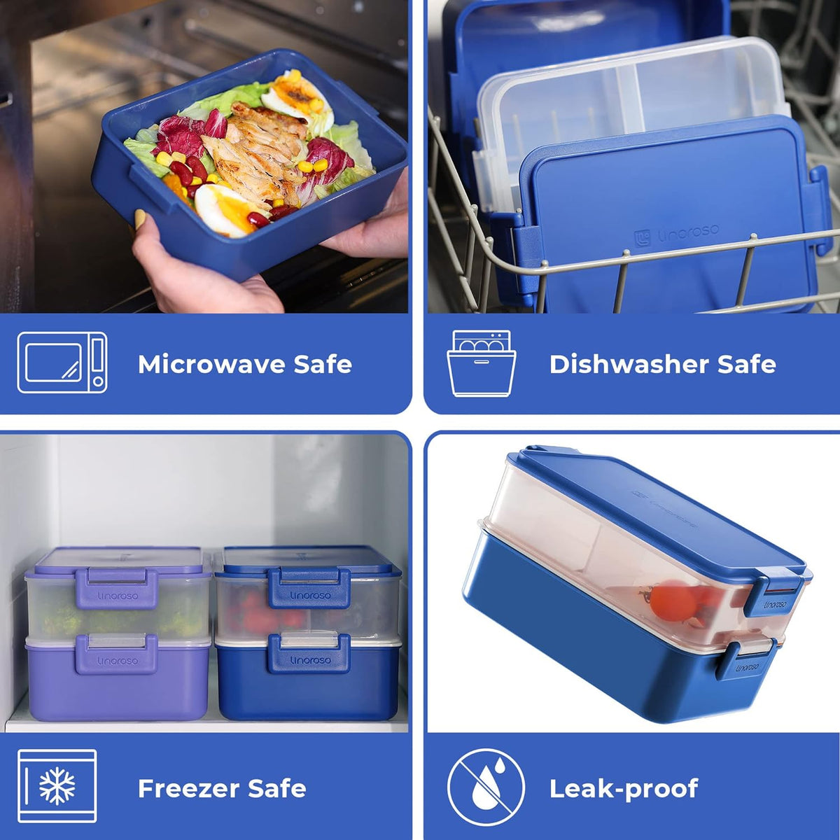 linoroso Stackable Bento Box Adult Lunch Box | Meet All You On-the-Go Needs for Food, Salad and Snack Box, Premium Bento Lunch Box for Adults Include Utensil Set, Dressing Containers - Classic Blue