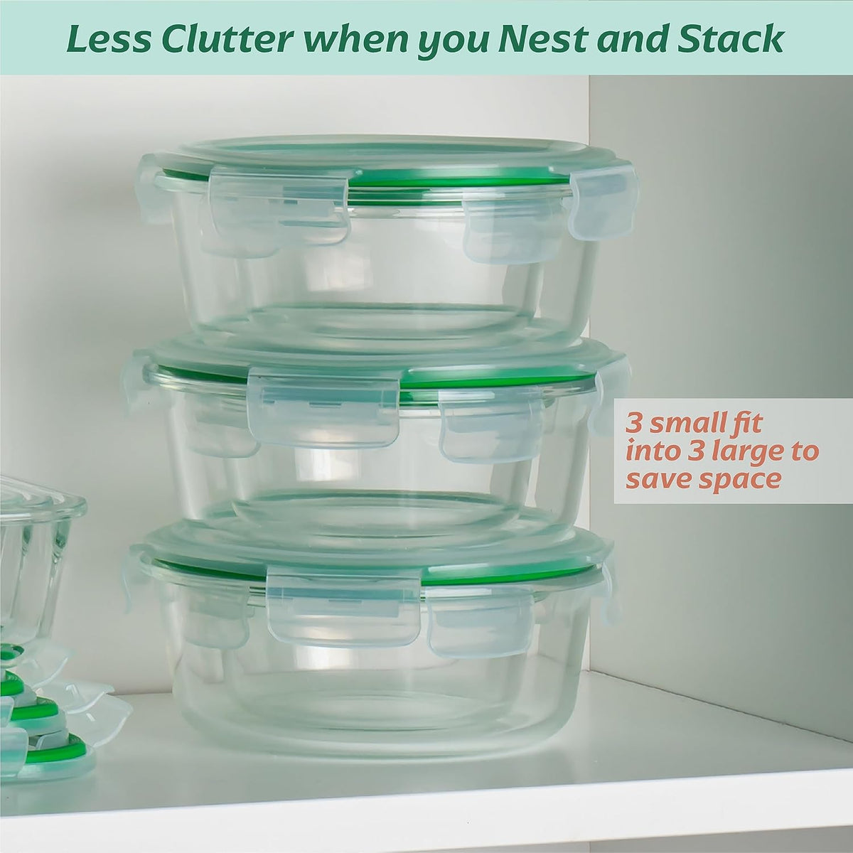Fusion Gourmet Round Glass Storage Containers with Lids [6 pack] Microwave Safe, Leak-proof, Dishwasher Safe, Oven Safe for Meal Prep Tupperware Set (3 Large + 3 Small, Green)