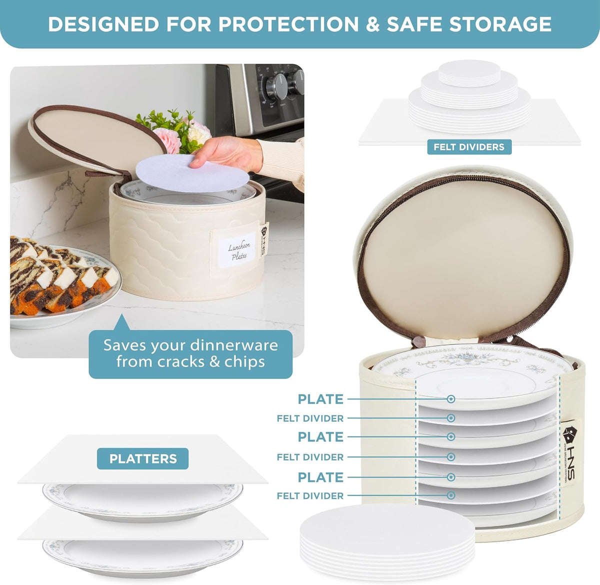 Hard Shell China Storage Containers 8-Piece Set Moving Boxes for Dinnerware, Glasses, Plates, Mugs and Saucers Sturdy Dish Organizer with Dividers for Seasonal Storage - Service for 12 - Beige Quilted