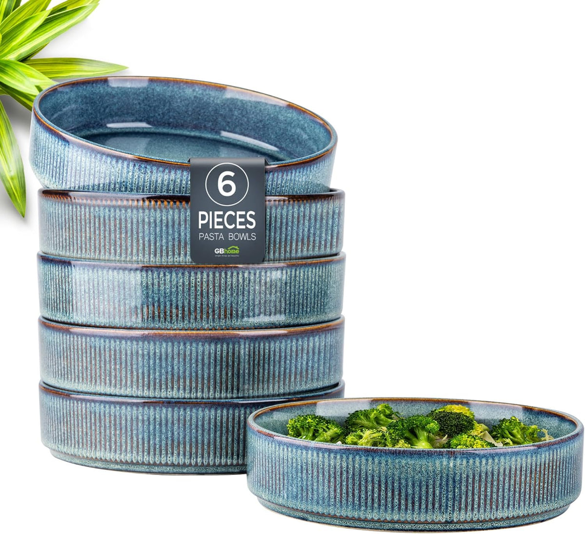 GBHOME 7.5'' Stoneware Pasta Bowls, Serving Bowls Set of 6 for Kitchen, Double Reactive Glaze Bowls for Fruit,Pasta,Salad,Oatmeal,Meal, Microwave Safe (6 pcs)