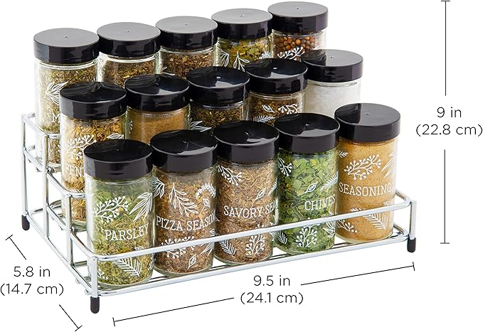 Kamenstein 15 Jar Lincoln Countertop Spice Rack with Spices Included, FREE Spice Refills for 5 Years, Chrome with Black Caps , 9.5 x 5.8 x 9