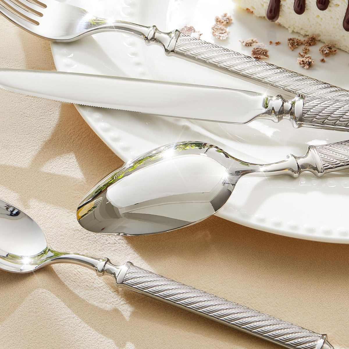 KINGSTONE Retro Rope-Pattern Silverware Set, 40-Piece Flatware Set Cutlery Set Forged with Handcrafted Texture Handles 18/10 Stainless Steel, Dishwasher Safe