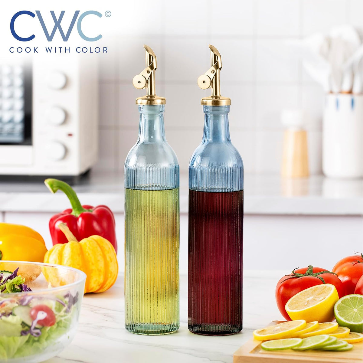 COOK WITH COLOR Glass Olive Oil Bottle Dispenser - 2 Pack- 17oz Oil and Vinegar Cruet - Olive Oil Carafe Decanter for Kitchen