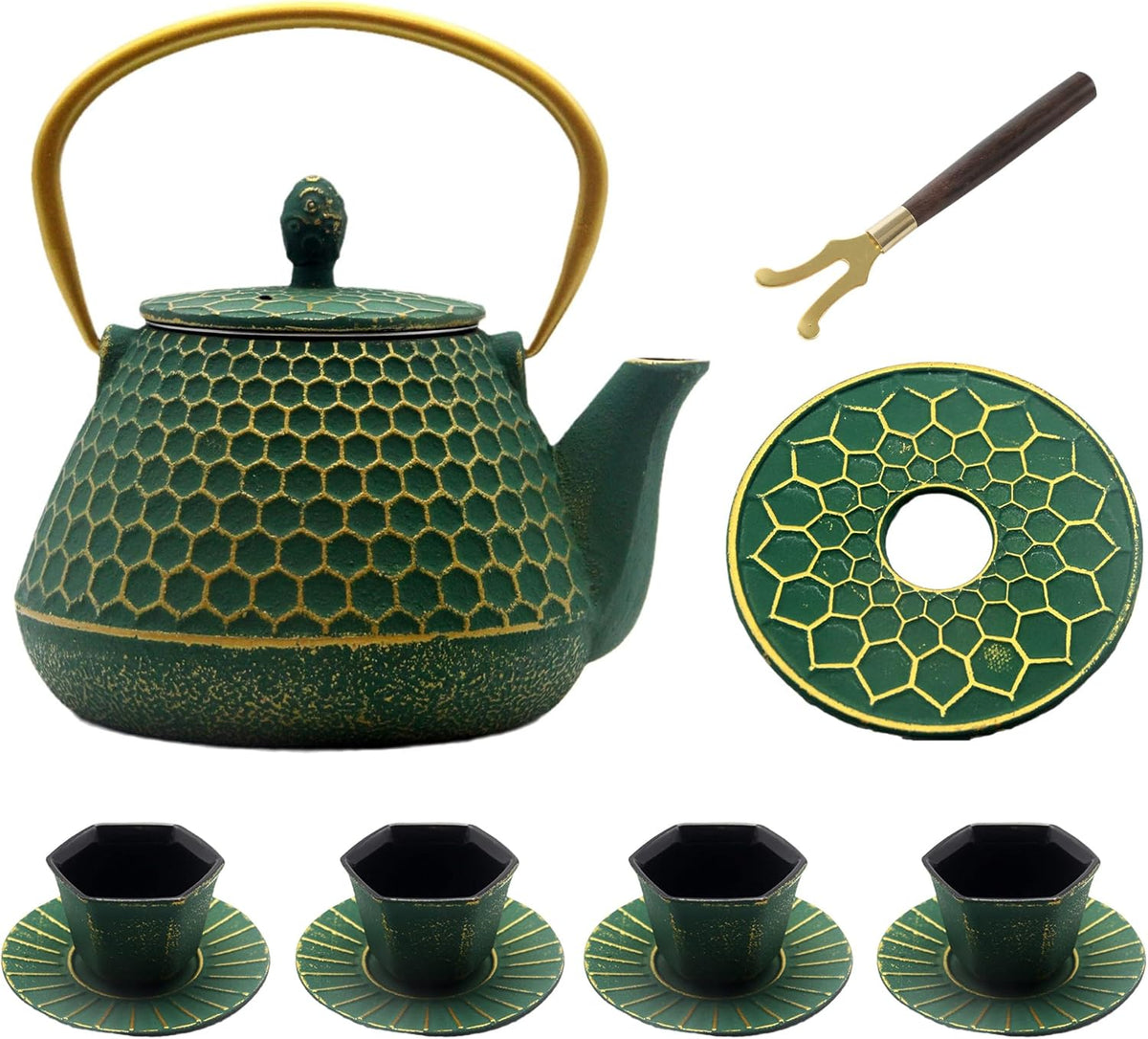 Cast Iron Tea Kettle Set, 33.8oz Hexagon Pattern Teapot Set with Cups and Cup Mats, Teapot Coated with Enameled Interior, Durable Cast Iron Teapot Set with Stainless Steel Infuser