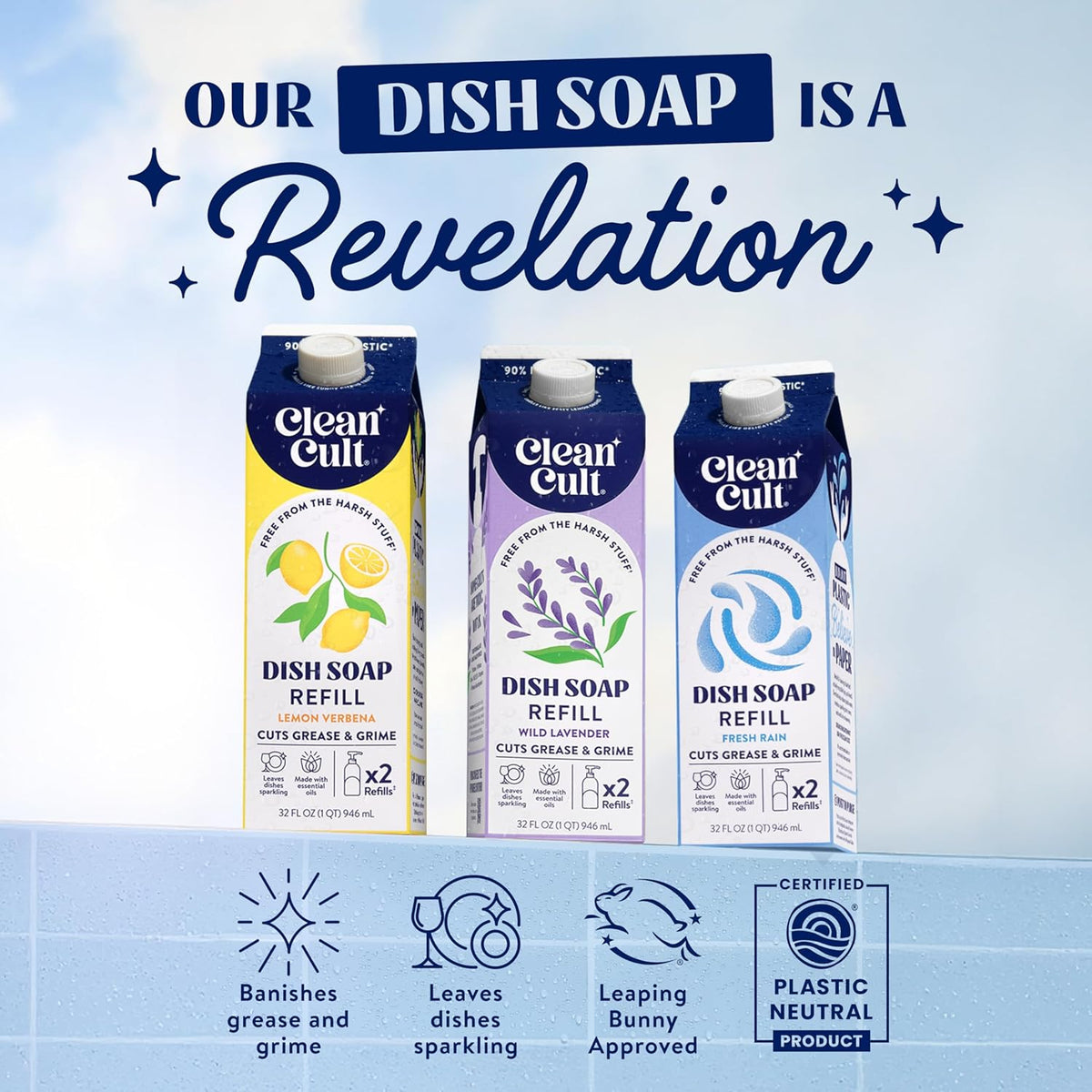 Cleancult Dish Soap Liquid Refills - Plant Based Cleaning Power - Cuts Grease & Grime - Free of Harsh Chemicals - Uses 90% Less Plastic - Lemon Verbena - 32 oz/3 Pack