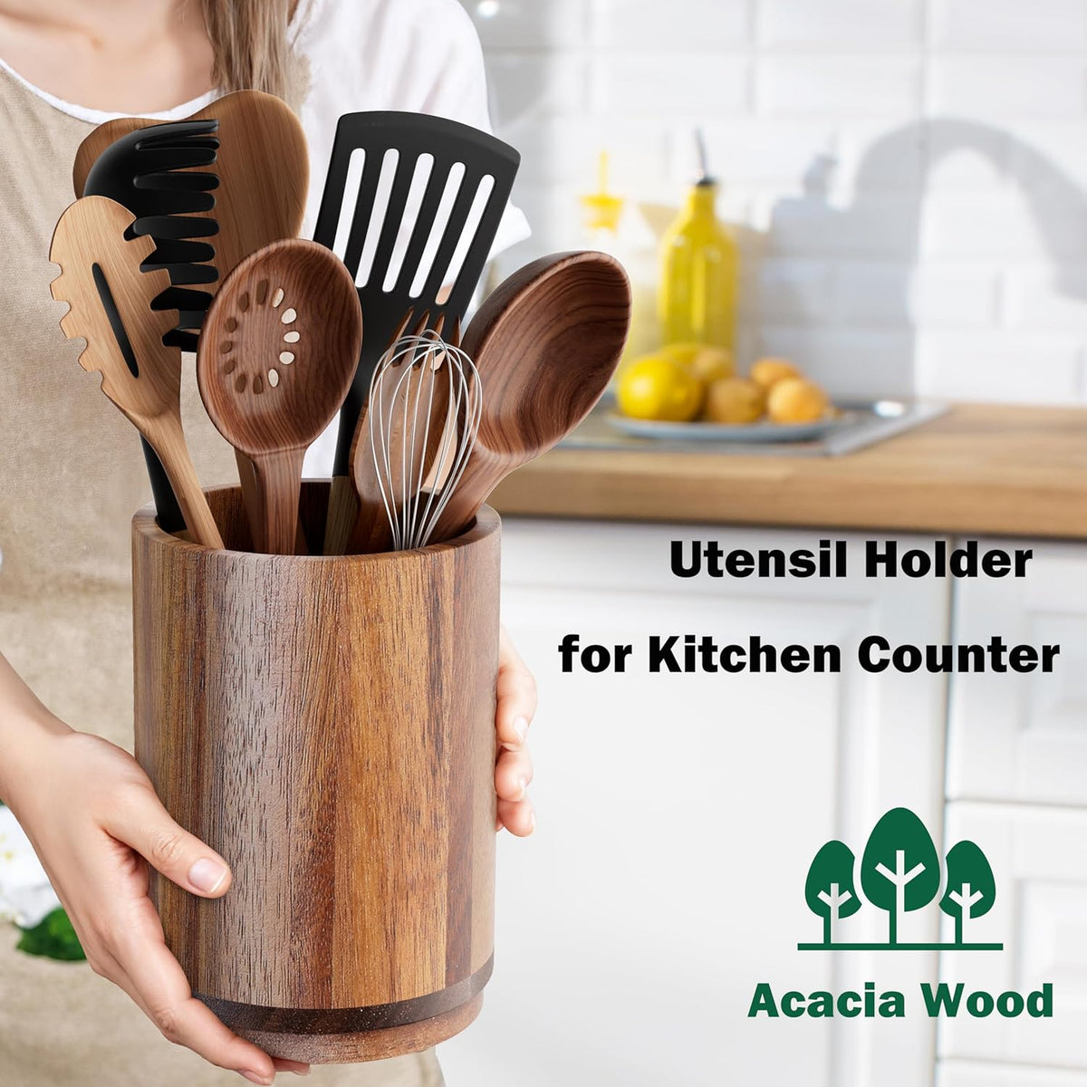 Utensil Holder, Acacia Wood Kitchen Utensil Holder for Countertop, 360°Rotating Cooking Utensil Crock for Kitchen Counter, 7.2" Large Utensil Organizer for Spatula