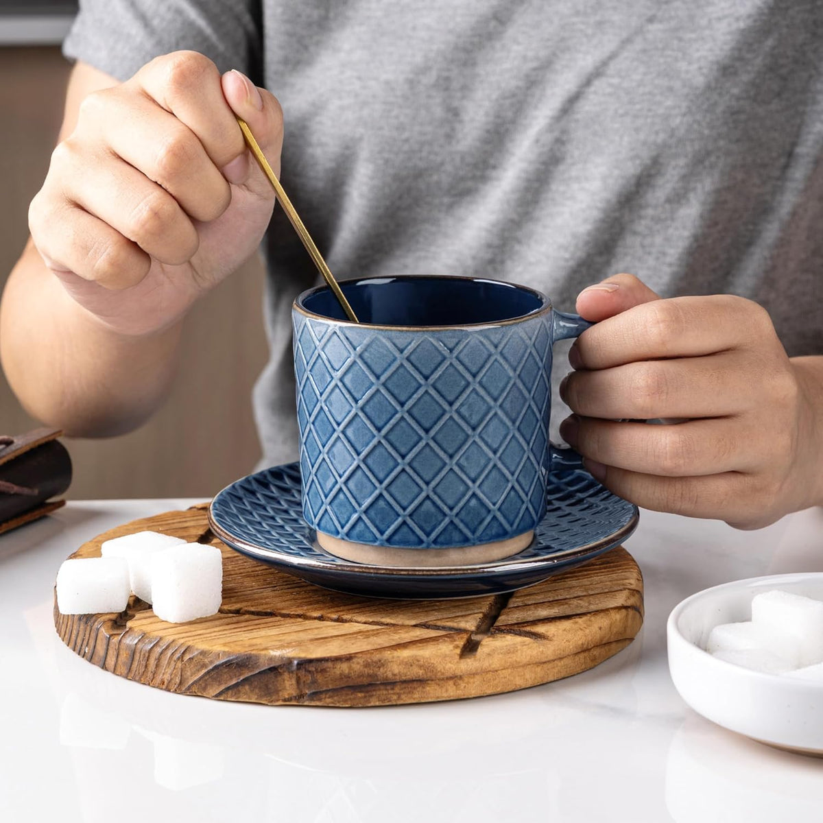 GBHOME 6 OZ Stackable Coffee Mugs, Ceramic Coffee Mugs with Texture Patterns for Man,Woman,Dad,Mom, Modern Coffee Cups Set of 4 for Espresso/Cappuccino/Cocoa. Dishwasher&Microwave Safe, Moonlight Blue