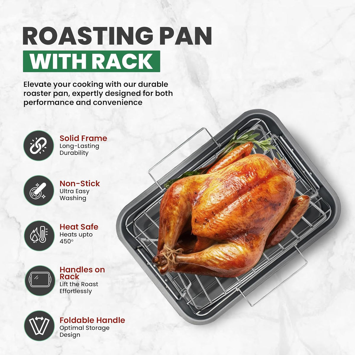Large Roasting Pan With Rack 12” x 16” - Non Stick Large Roaster Pan and V-Rack With Foldable Handles - Roasting Pans for Ovens to Elevate Food for Even Heating - Dishwasher Safe Turkey Roast Pot