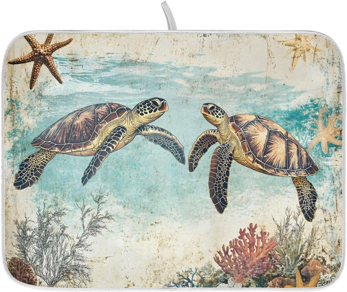 Vintage Ocean Sea Turtle04 Dish Drying Mat for Kitchen Counter Absorbent Microfiber Small Drying Pad Dish mats for Kitchen Countertops 16 x 18 Inch