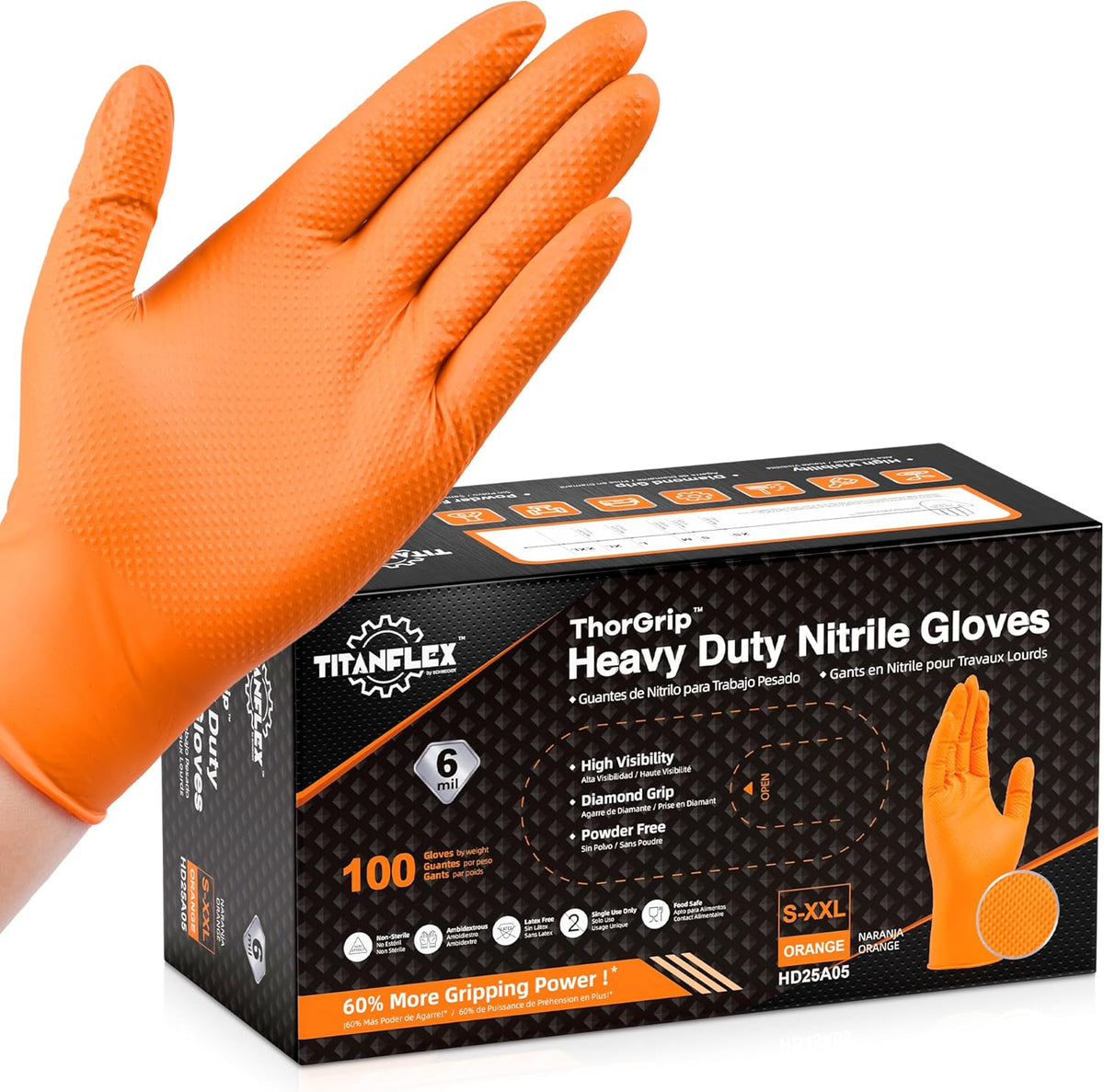 TitanFlex Heavy Duty Orange Nitrile Gloves, 6 Mil, Raised Diamond Texture, Mechanic Disposable Gloves, Latex Free Powder Free