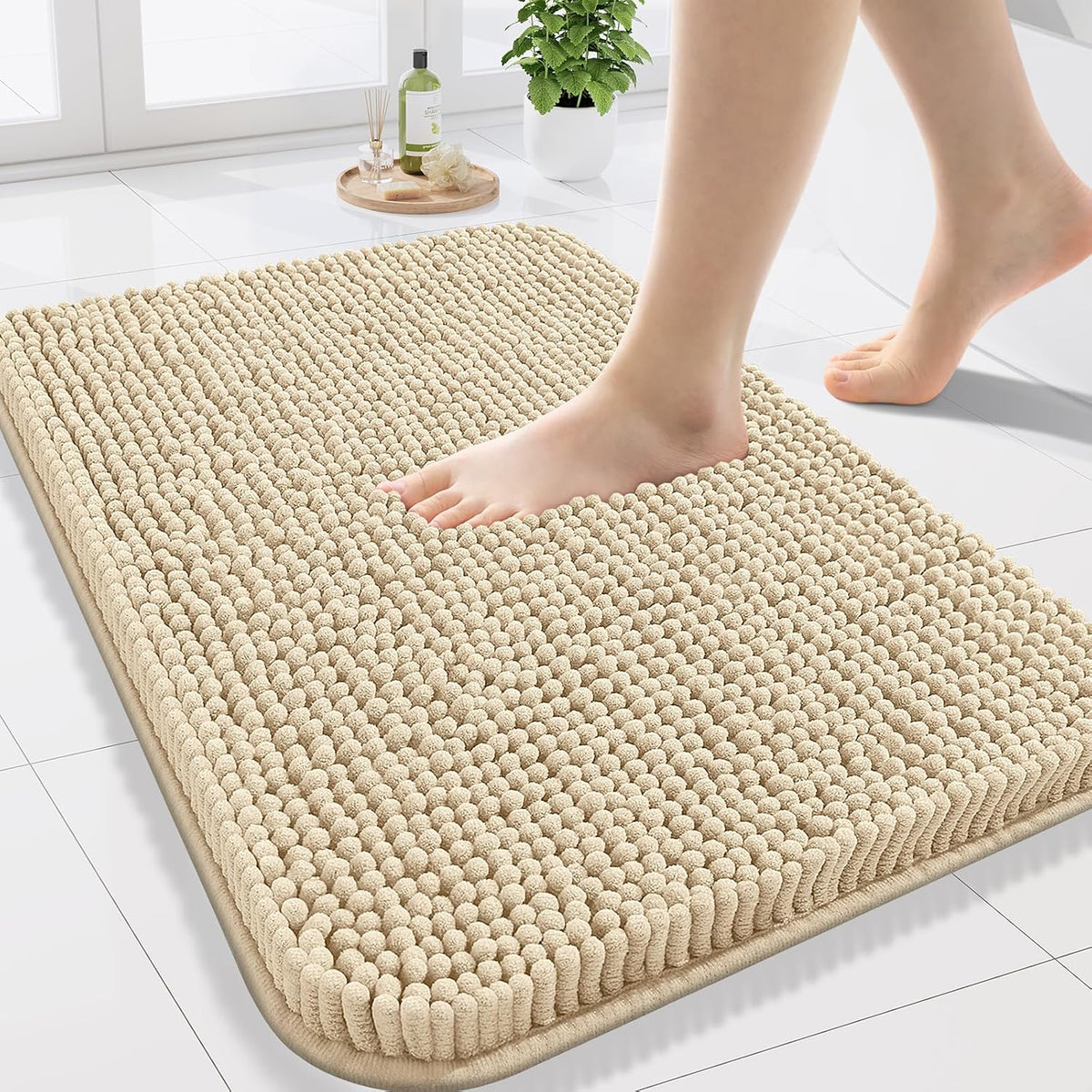 Arotive Bathroom Rugs 24x16, Extra Soft Absorbent Shaggy Chenille Bath Rugs, Machine Washable Rubber Backing Non-Slip Bath Mats for Bathroom Floor Tub and Shower, Home Decor Accessories, Beige