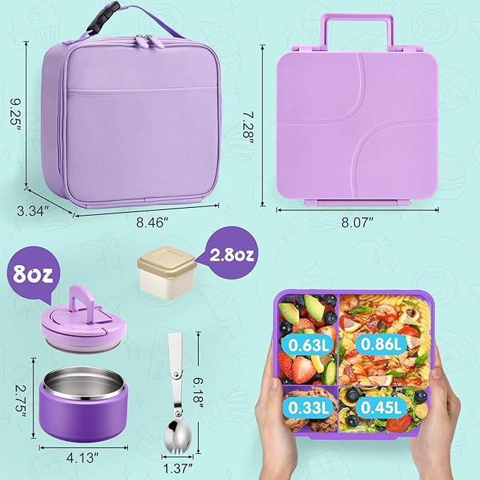MAXSO Bento Lunch Box Set with 8 oz Soup Thermo, Kids Leakproof 4 Compartments Hot Food Container with Sauce Cup, Ice Pack and Lunch Bag, Child Insulated Food Jar for School - Purple