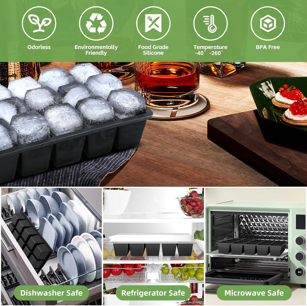 Silicone Ice Cube Tray, 2 Pack Easy-Release Stackable Ice Trays for Freezer with Lid 15 Reusable Cubes, Food Grade BPA Free Ice Molds for Whiskey, Baby Food, Coffee, Cocktail, Drinks (Black)