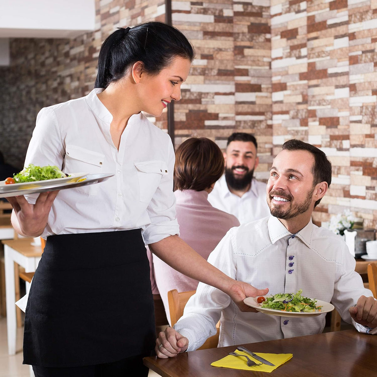 GREEN LIFESTYLE 3 Pack Server Aprons with 3 Pockets - Waist Apron, Waitress Apron for Women and Man, Water Resistant with Long Waist Strap Reinforced Seams, Half Apron (Black)
