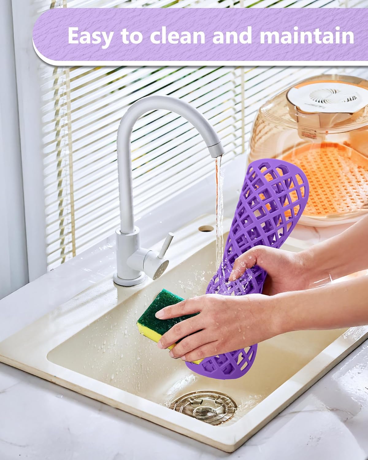 2 Pack Silicone Sink Protectors for Kitchen Sink, Lozenge Pattern 13 x 11 Inches Sink Mat, Non-Slip and Durable Sink Protector Silicone, Rear Drain, Purple