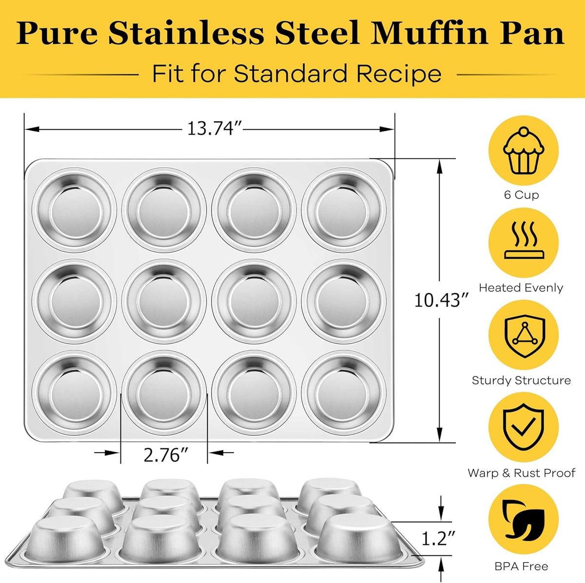 Homikit 3 Pack Muffin Pan, Stainless Steel Cupcake Tin with 12 Cups Regular Size, 13.8" x 10.4" Nonstick Metal Egg Bites Tray for Oven Baking, Non Toxic & Rust Free, Easy Release & Dishwasher Safe