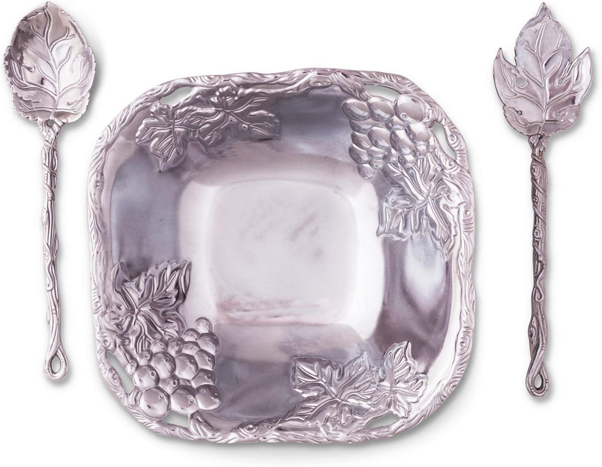 Arthur Court Designs Metal 3-Pc Grape Salad Set Bowl and Server in Grape Pattern Sand Casted in Aluminum with Artisan Quality Hand Polished Design Tarnish-Free 9.5 Inch Diameter