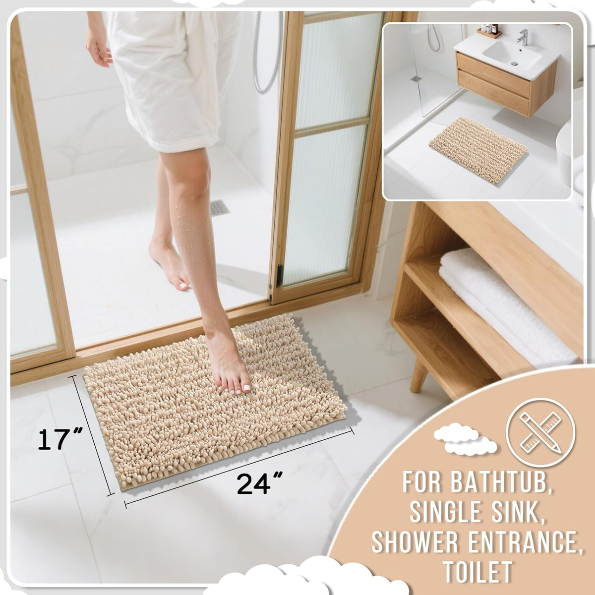 Yimobra Bathroom Rugs Non Slip Washable 24x17 Inch - Ultra Soft Absorbent Chenille Bath Mat, Quick Dry Shaggy Floor Carpet for Tub Shower, Light Brown Home Decor Accessories