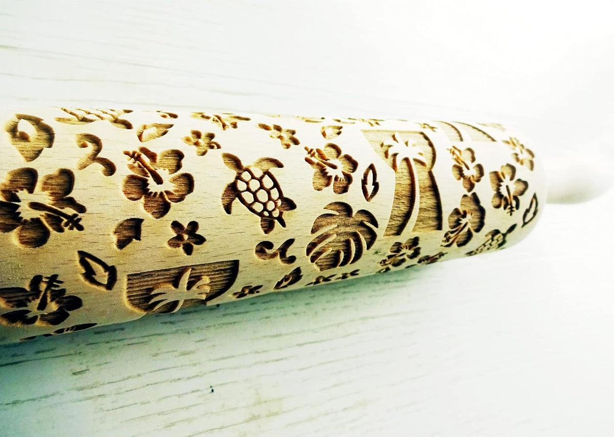 GUAM ROLLING PIN with HIBISCUS HAWIIAN PALM TURTLE MONSTERIA GIFT for FRIEND