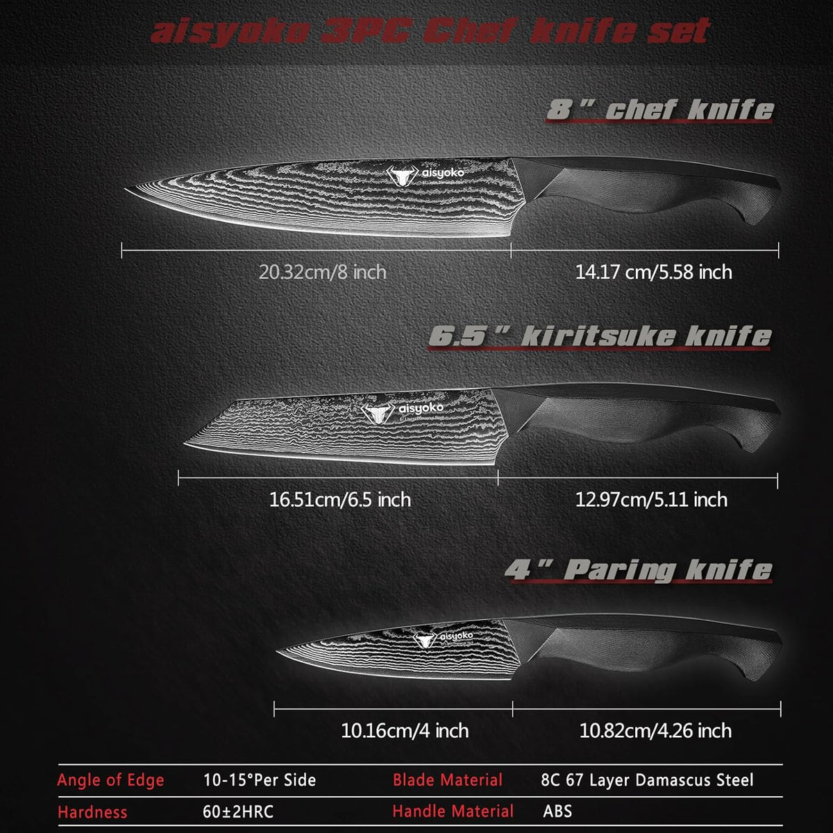 8C Damascus Knife Set - 3PC Chef's Knife, Kitchen and Paring Knives, High Carbon Stainless Steel, Ergonomic Full Tang ABS Anti-Skid Handle