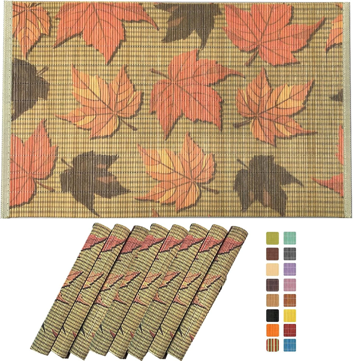 ANDSTAR Set of 8Pcs Bamboo Placemats 17.7X11.8Inch Sushi Rolling Mat Japanese Style Bamboo Mat Place Mats Washable Heat Resistant Table Mats for Dinner Dining Table （Maple Leaves）