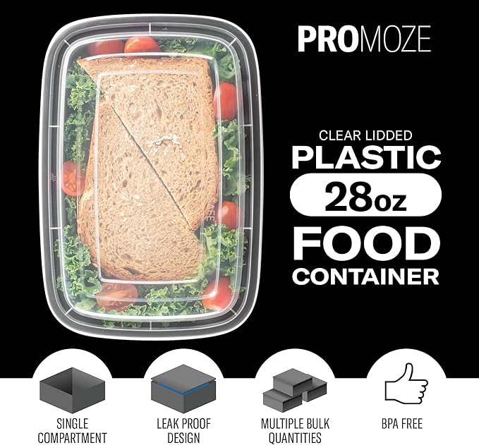50-Pack Reusable Meal Prep Containers Microwave Safe Food Storage Containers with Lids, 28 oz - 1 Compartment Take Out Disposable Plastic Bento Lunch Box To Go, BPA Free - Dishwasher & Freezer Safe