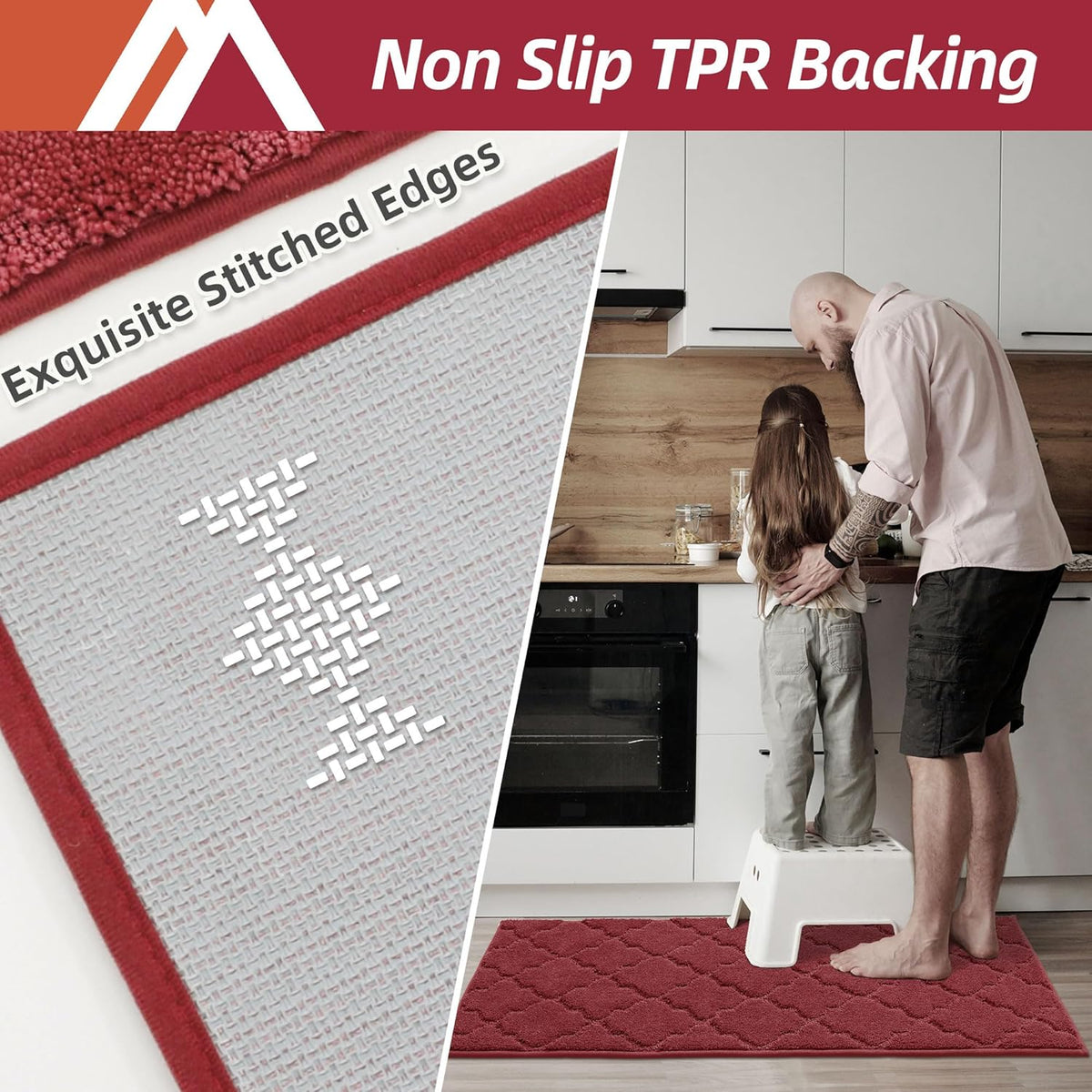 COSY HOMEER Soft Kitchen Floor Mats for in Front of Sink Super Absorbent Rugs and 20"x59" Non-Skid Mat Standing Washable,Polyester,Red