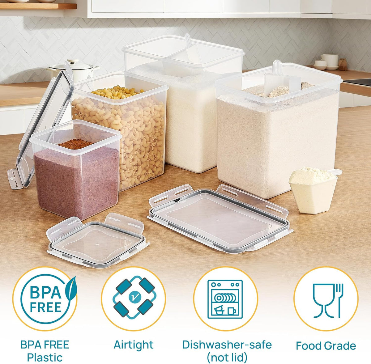 Vtopmart 5 Pack Large Flour and Sugar Storage Containers Set, Airtight Kitchen Pantry Organizers and Storage with Lids for Bulk food, Baking Supplies, BPA Free, Black