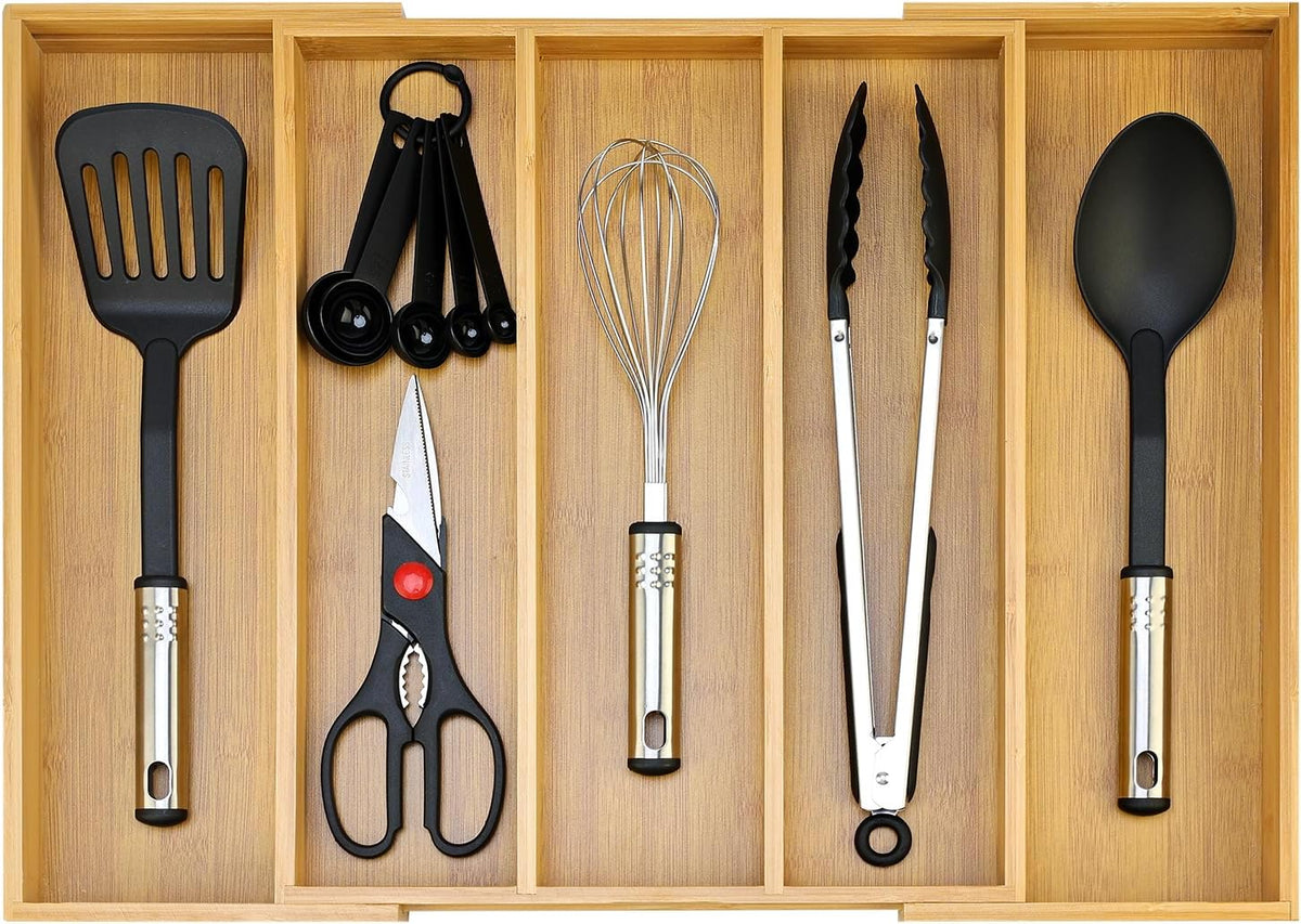 Expandable Silverware Drawer Organizer Storage Large Bamboo Kitchen Tool Utensil Organizers Divider Cutlery Tray Adjustable Flatware Drawer Organizer for Spoon Spatula Cooking Utensils Holder Tray