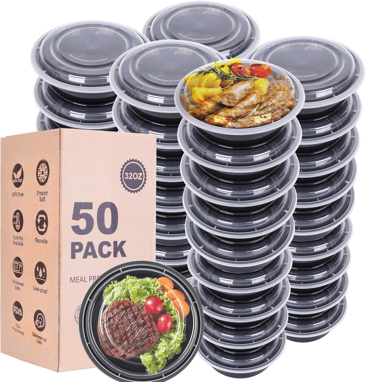 WGCC Meal Prep Containers with Lids - 50Pack 32OZ Meal Bowls, Round To Go Containers, BPA-Free, Freezer & Dishwasher Safe
