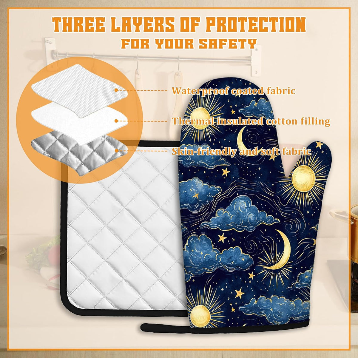 Starry Night Oven Mitts and Pot Holders Set,Sun Moon Kitchen Oven Gloves and Pot Holder with Heat Resistant Non Slip for Cooking Baking Grilling(4 Piece Set)