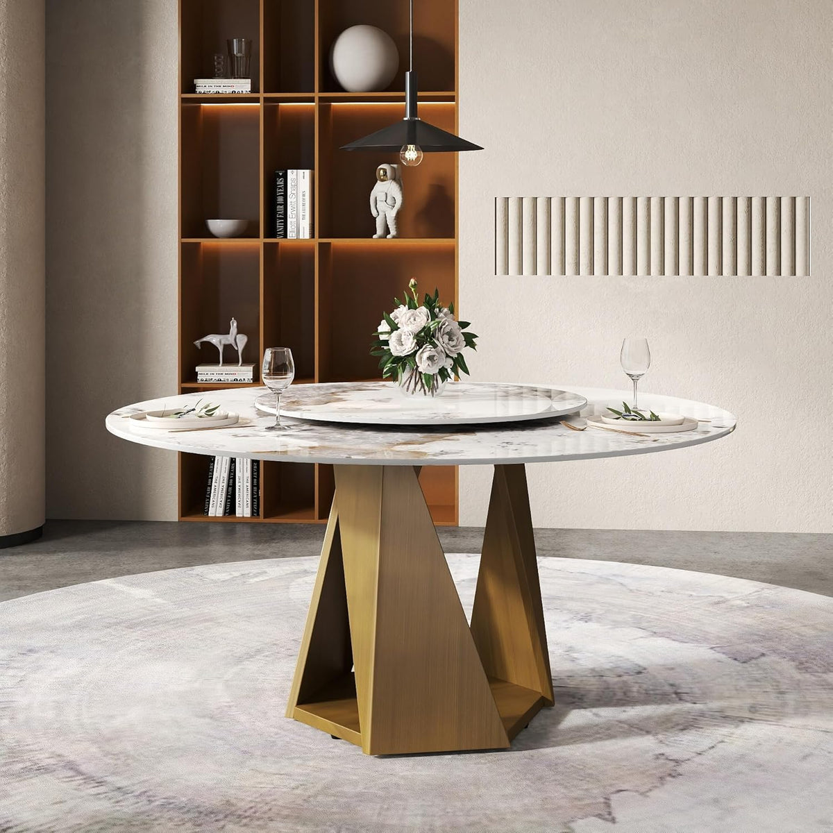 Montary 59" Modern Artificial Marble Round Dining Table with Bronze Iron Metal Base & 31.5" White Sintered Stone Turntable, Dining Room Table with Lazy Susan for 6-8 (Only Table)