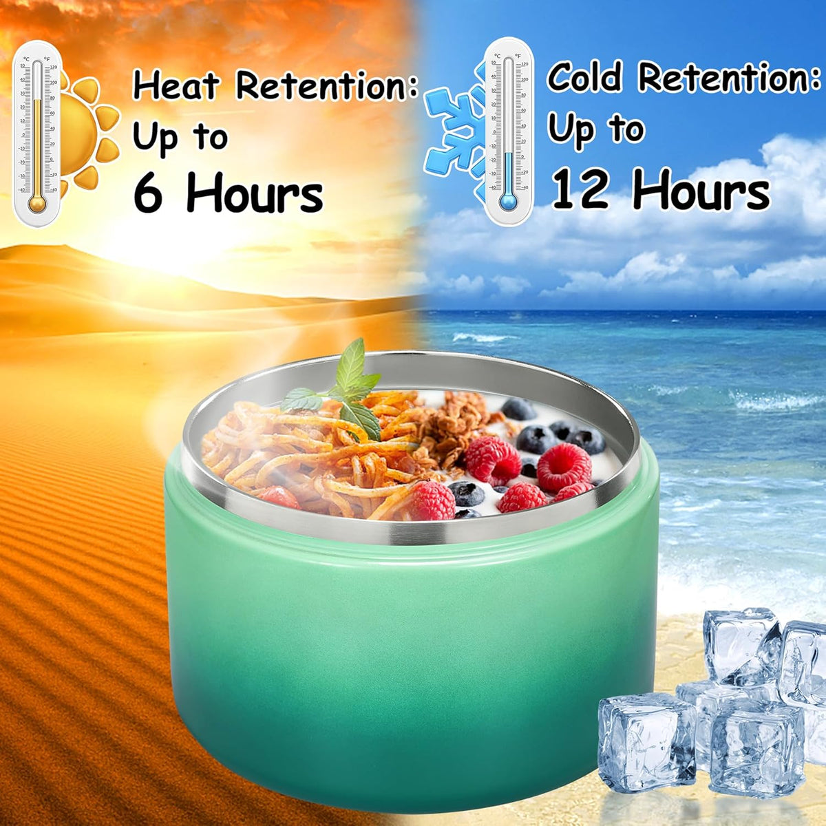 12oz Insulated Vacuum Food Jar with Buckle Lid Wide Mouth Soup Thermo for Hot Food Kids Leakproof Stainless Steel Lunch Container (Gradient Green, 12OZ)