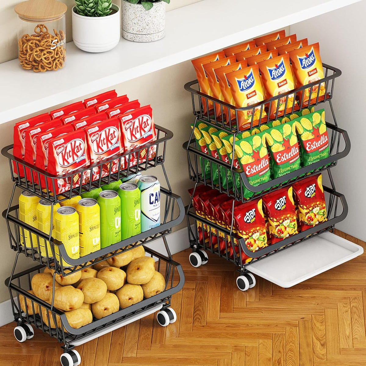 Miyawell 3-Tier Rolling Pantry Cart with Wheels, Stackable Wire Storage Floor Organizer for Kitchen Pantry Snack Shelves, Fruit Basket Stand, Vegetable Storage Rack for Food Snacks Onion Potato