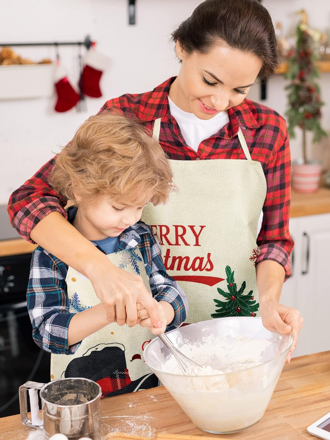 SATINIOR 4 Pcs Christmas Aprons Adjustable Kitchen Cooking Aprons Xmas Buffalo Plaid Merry Christmas BBQ Bib for Adults