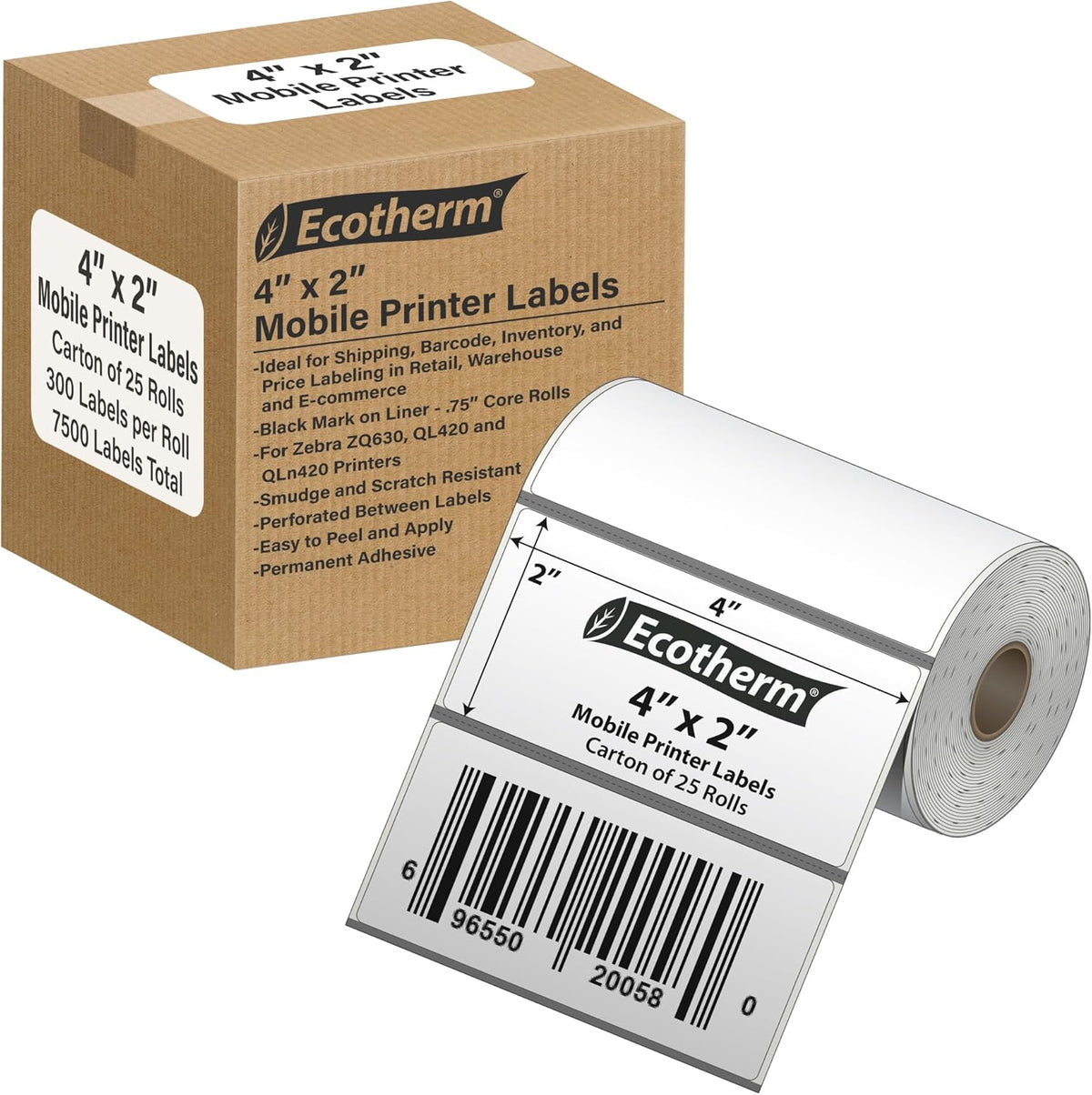 4" x 2" Mobile Printer Labels | 25 Rolls | 7500 Labels | fits Zebra ZQ630, QL420, and QLn420 Printers | Black Mark On Liner | .75" Core Rolls | by Ecotherm