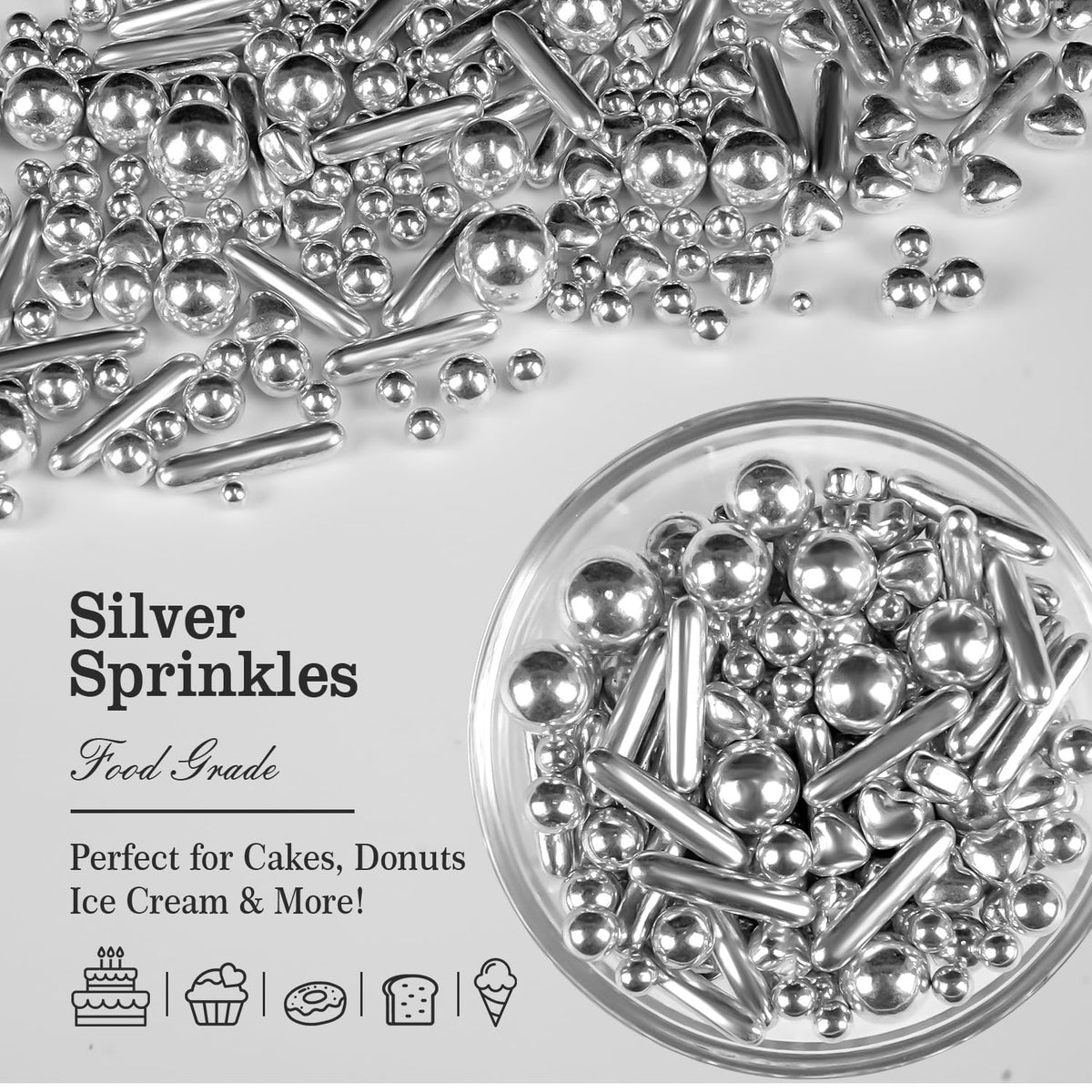 Silver Pearl Rods Heart Sprinkles, Baking Sugar, Silver Sprinkles for Cake, Mix Size, Cupcake Decoration, Holiday, Mother's Day, Wedding Party Supplies