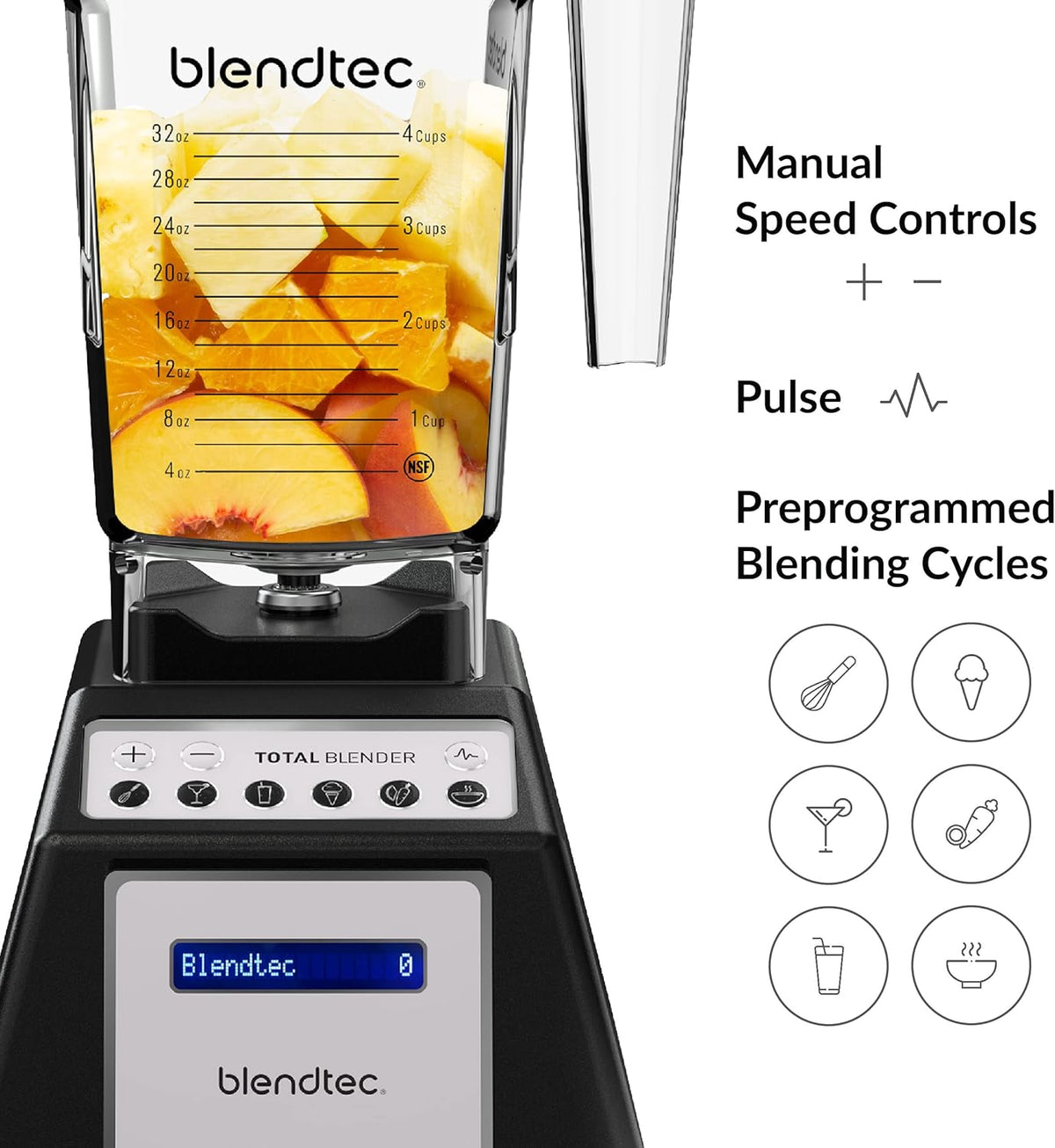 Blendtec Total Blender Classic - Includes FourSide Jar (75 oz) - 10-Speed Professional-Grade - High-Power Kitchen Blender with 6 Pre-Programmed Cycles - Black