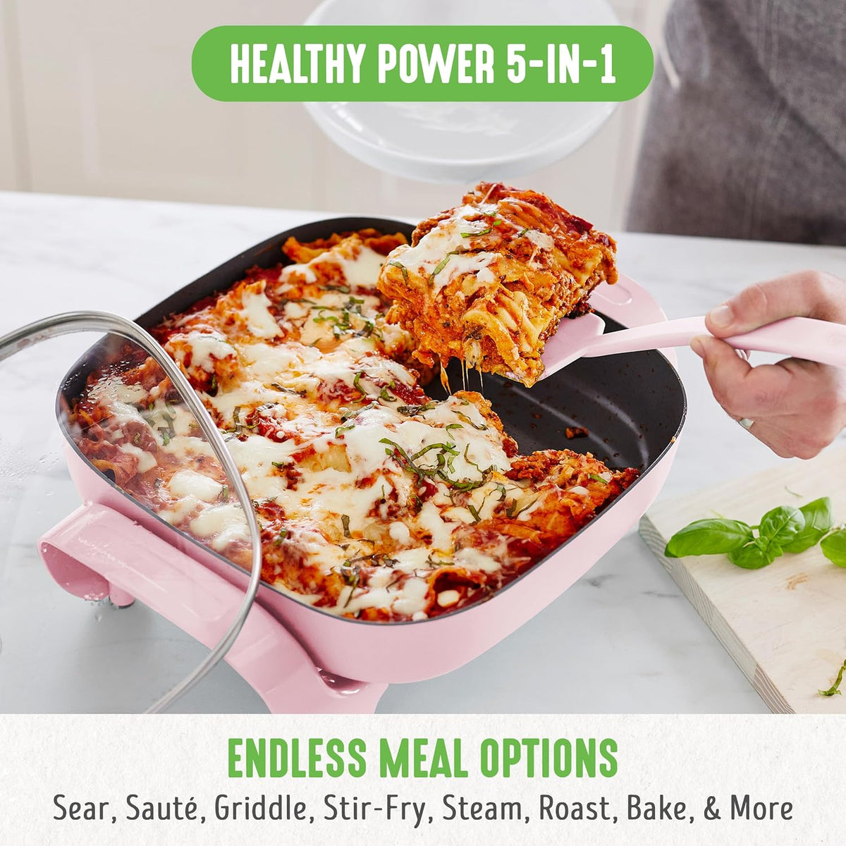 GreenLife12" 5QT Square Electric Skillet, Glass Vented Lid, Ceramic PFAS-Free Nonstick Coated Interior, Adjustable Temperature Control, Cool Touch Handles, Quick Even Heating, Scratch Resistant, Pink