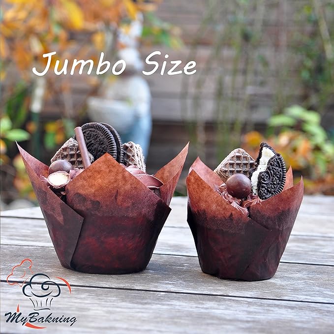 Jumbo Extra Large size Brown Tulip Baking Cups 2-1/4"(Base diameter) x 3-3/4"(Wall height) Greaseproof paper baking cupcake Muffin liners, Case of 130 pcs