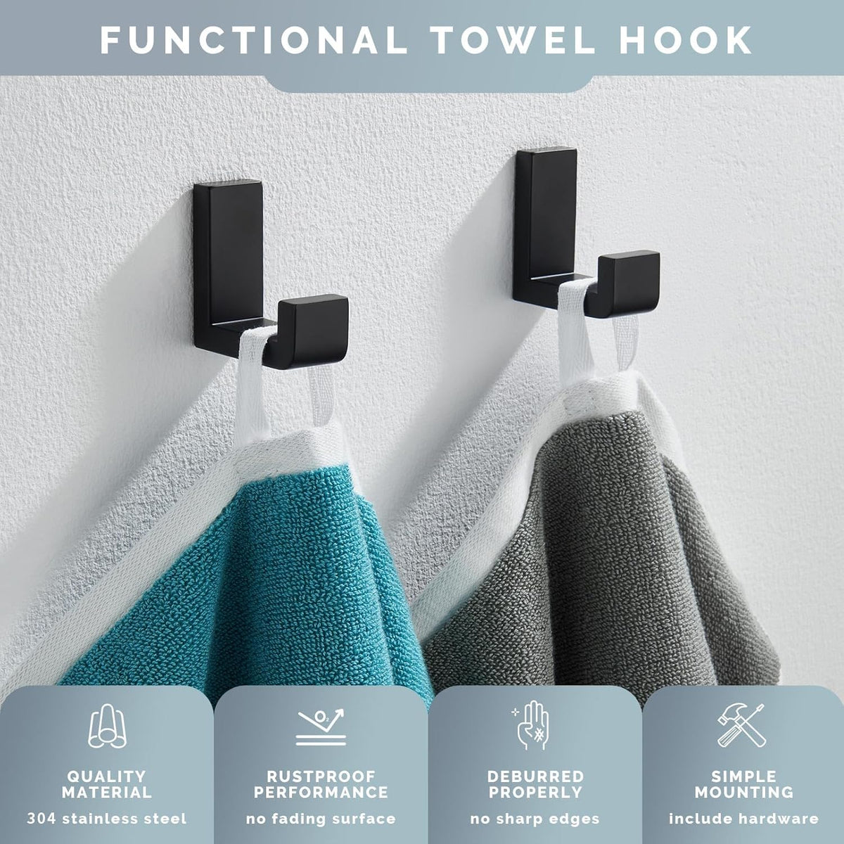Angle Simple Towel Hook Matte Black 2 Pack, 304 Stainless Steel Bathroom Coat Robe Hook for Wall