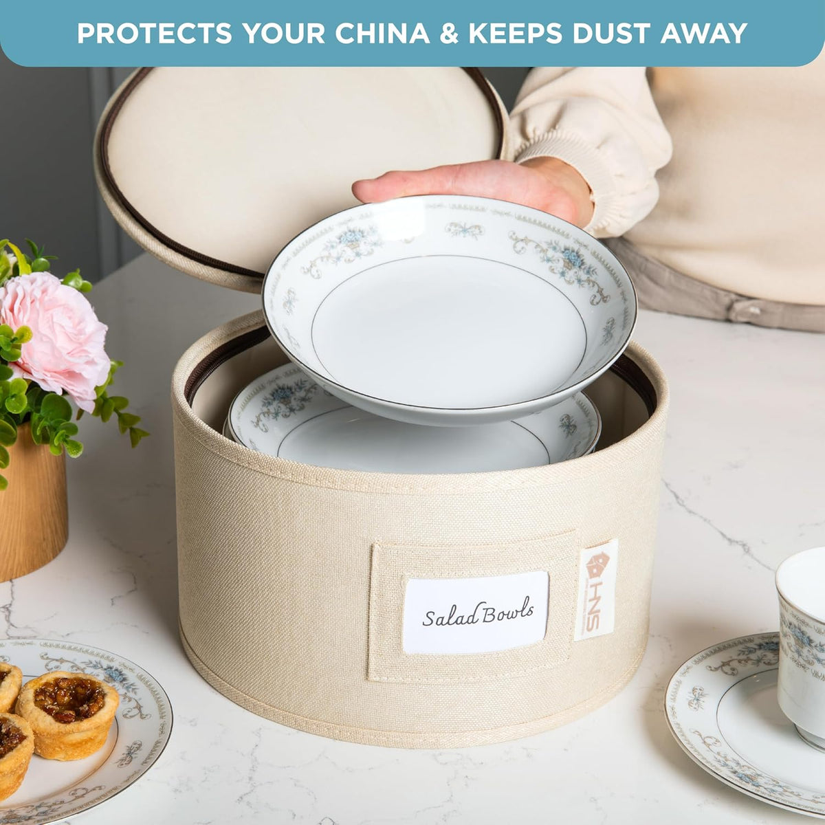 Hard Shell China Storage Containers 8-Piece Set Moving Boxes for Dinnerware, Glasses, Plates, Mugs and Saucers Sturdy Dish Organizer with Dividers for Seasonal Storage - Service for 12 - Beige