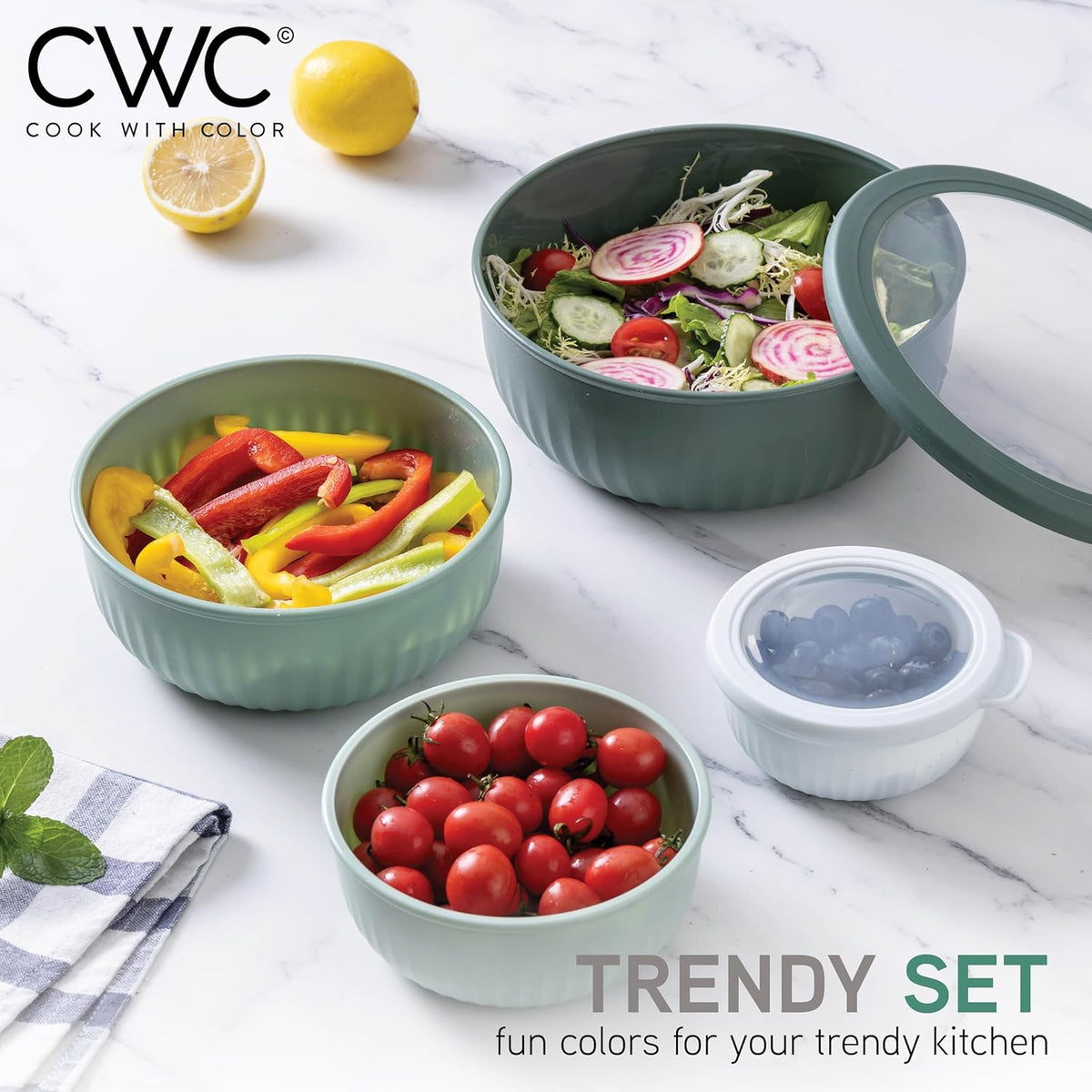 COOK WITH COLOR Prep Bowls with Lids- Wide and Deep Nesting Plastic Small Mixing Bowl Set with Lids, 8 Piece Set - Wide Bowls, Sage