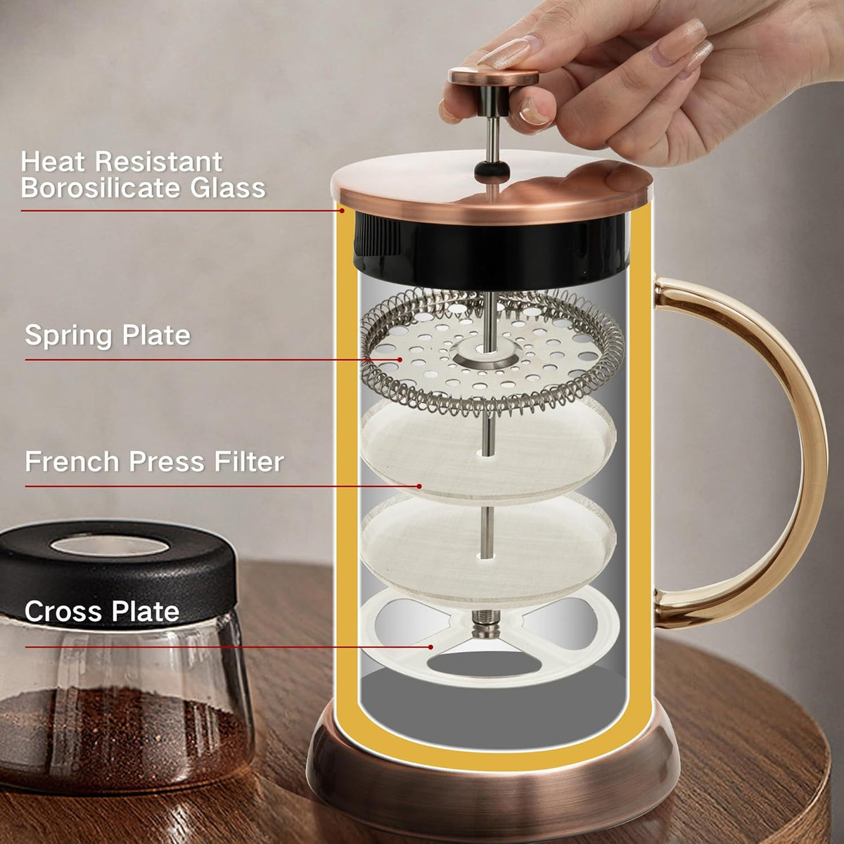 21 Ounce French Press Coffee Maker, 4-Cup Espresso Coffee Maker, Grey Cold Brew Heat Resistant Thickened Borosilicate Coffee Pot with 4 Stainless Steel Filter Screens