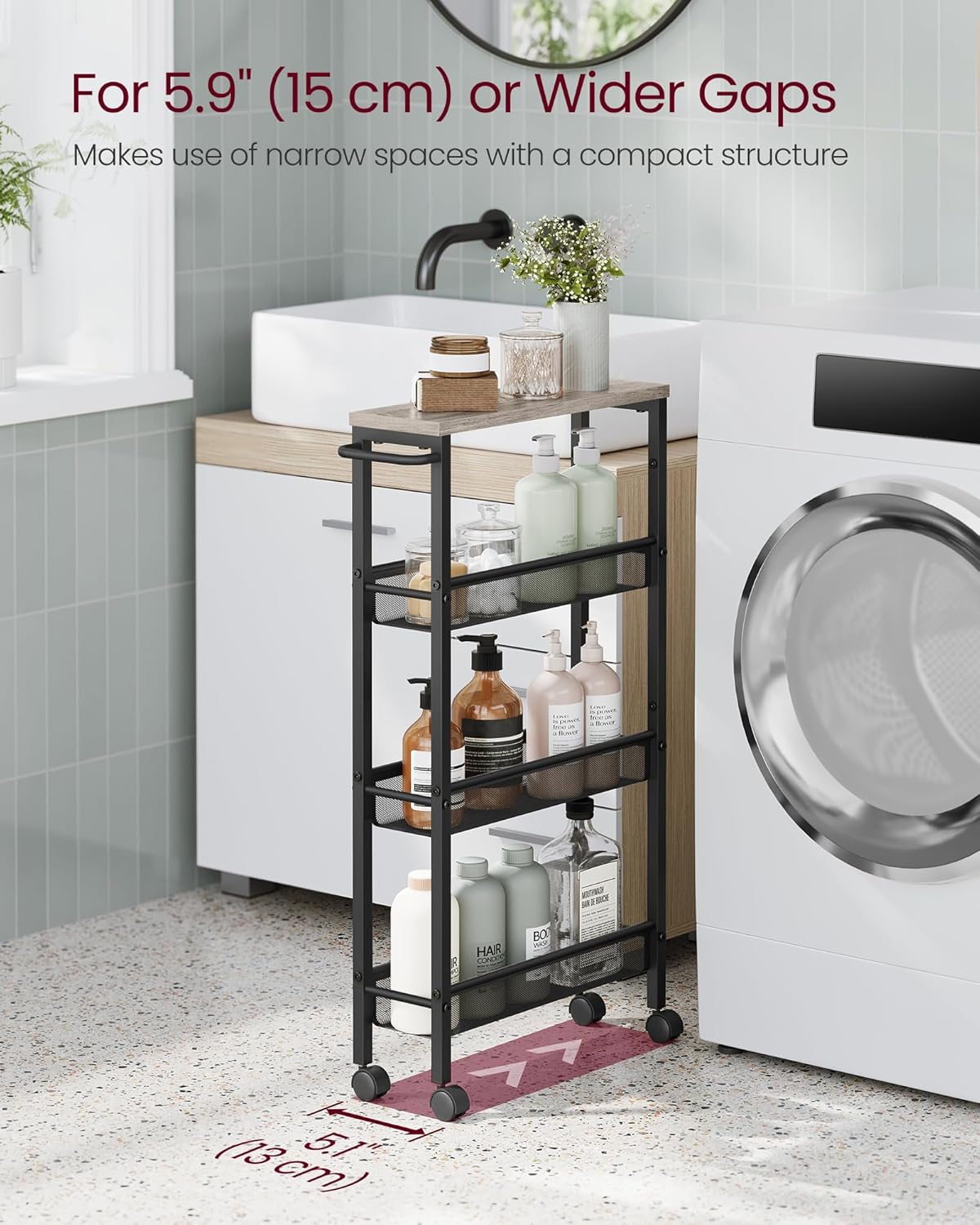VASAGLE Slim Rolling Cart, 4-Tier Storage Cart, Narrow Cart with Handle, 5.1 Inches Deep, Metal Frame, for Kitchen, Dining Room, Living Room, Home Office, Heather Greige and Classic Black ULRC032K01
